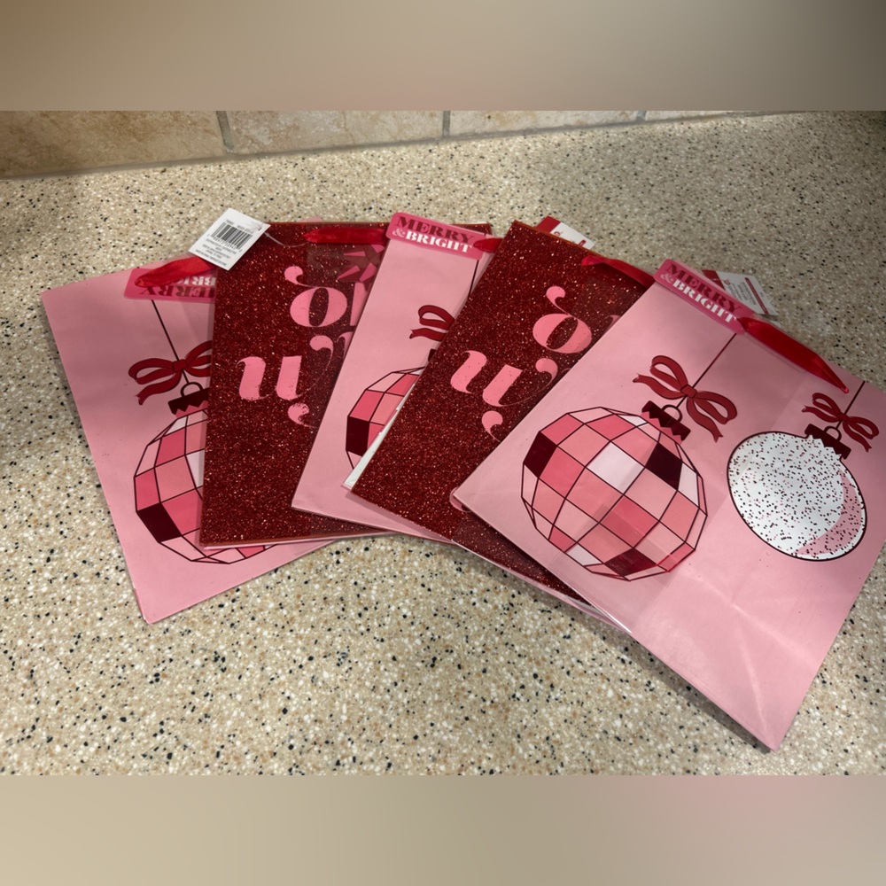 5- 2pks Pink & Red Glitter Holiday Gift Bags - Disco ornament/oh what fun
